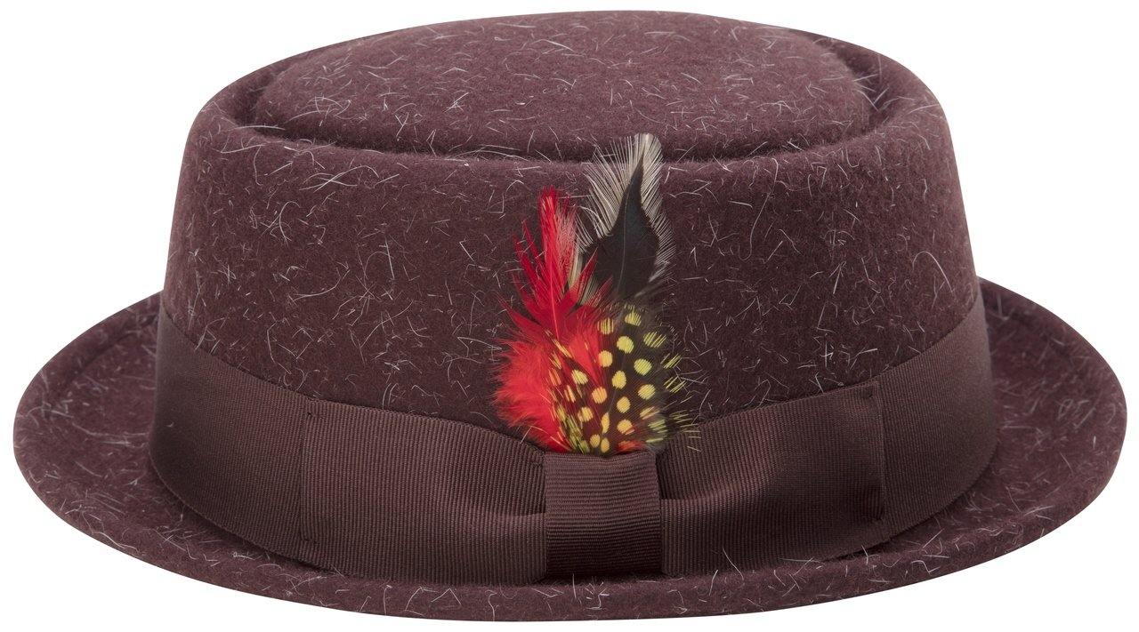 angled view of heather brown snap brim pork pie hat