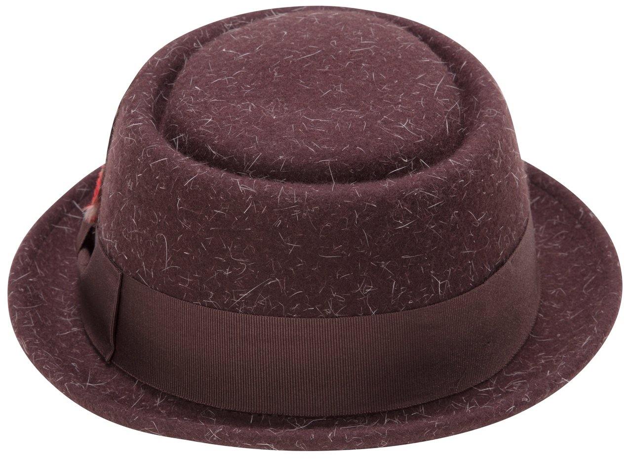 top view of heather brown soft rabbit wool pork pie hat