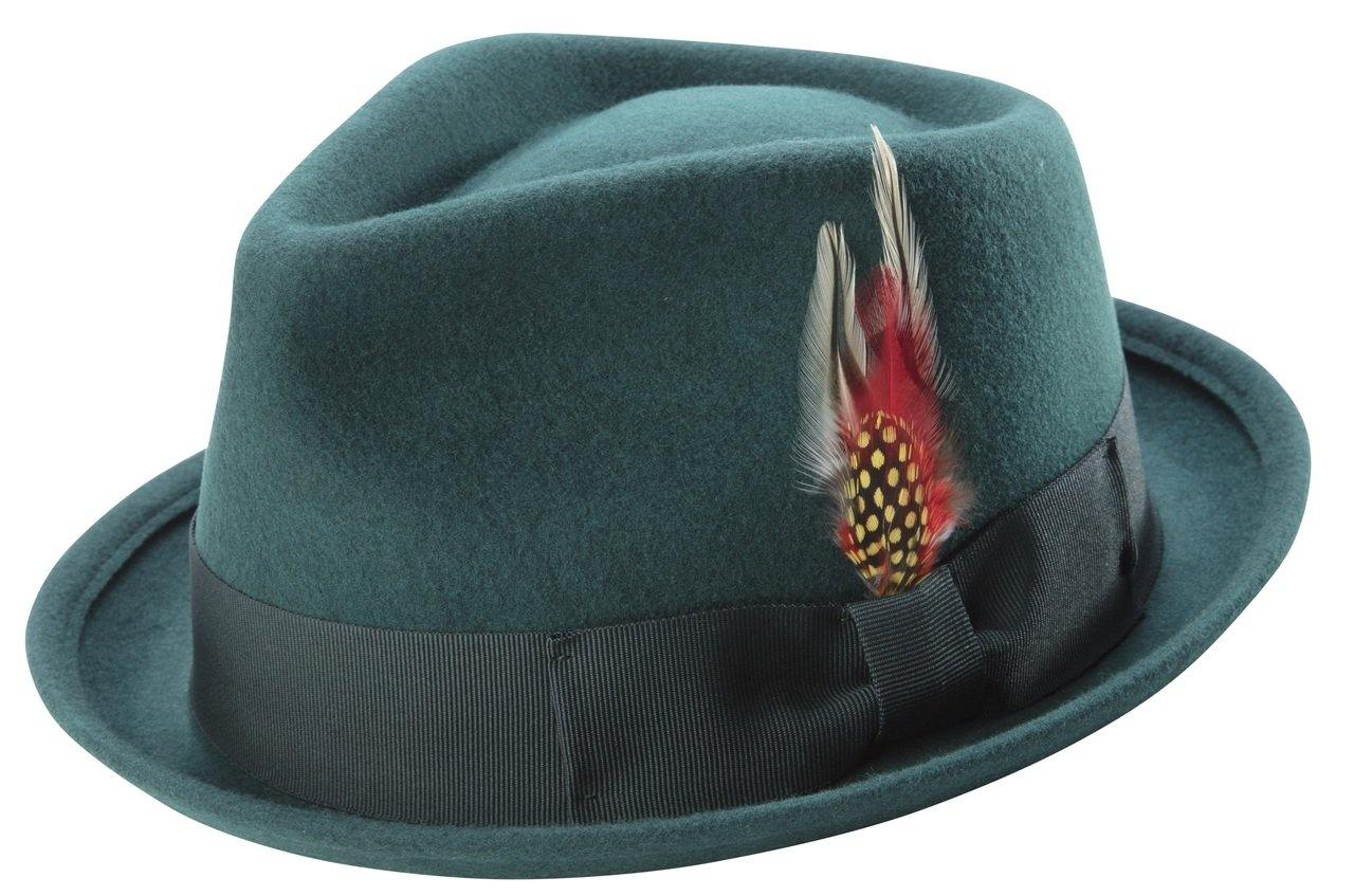 close-up of hunter green hat feather accent