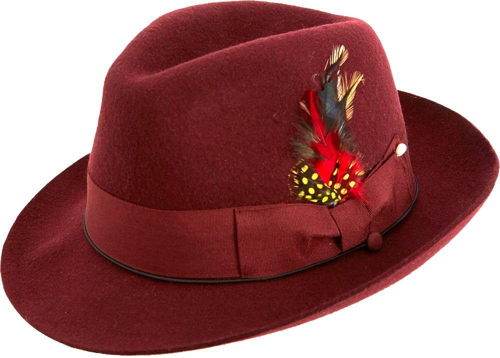 Montique Men's Burgundy Fedora Snap Brim Soft Fine Felt Pinch Hat H08 - Suits & More