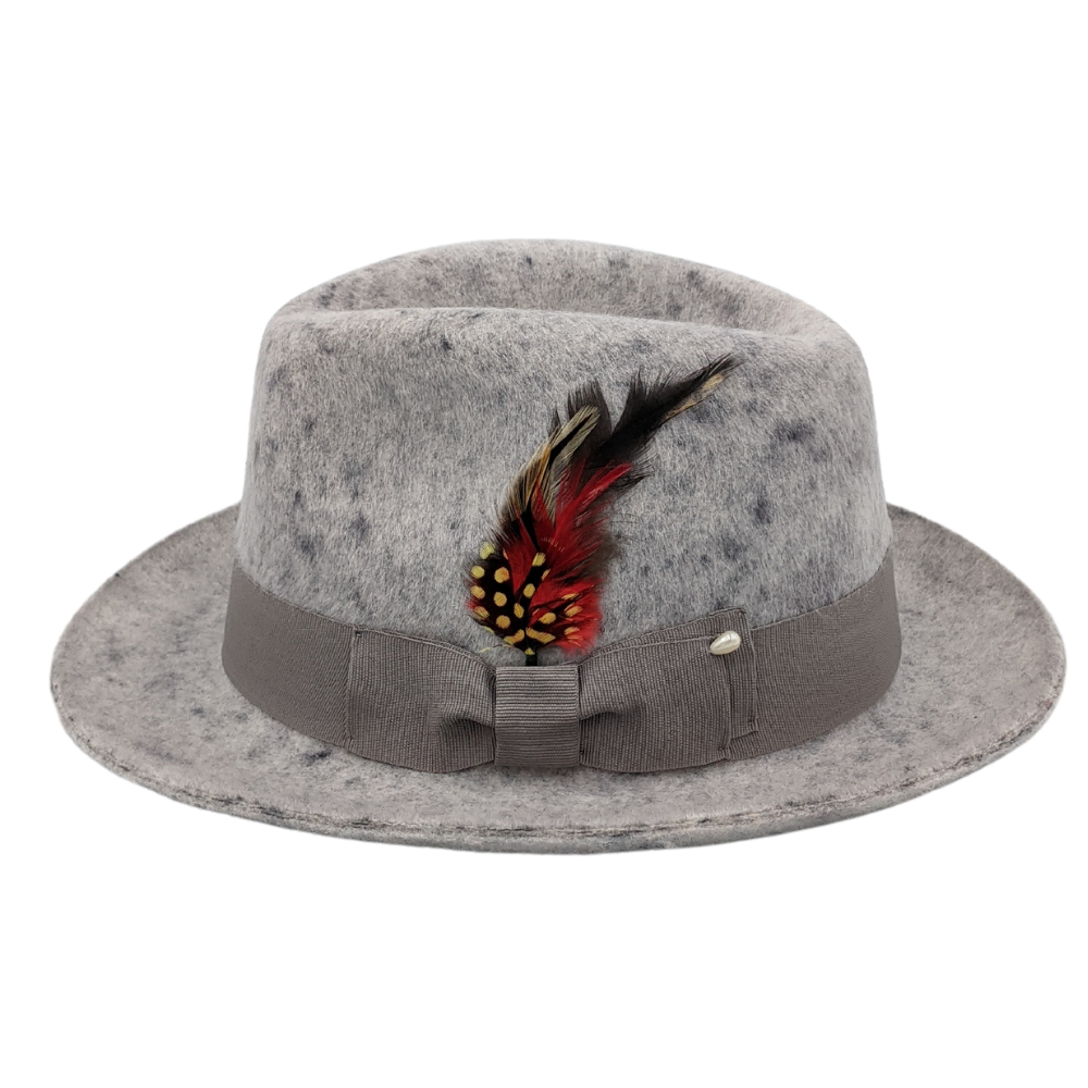 size view of heather grey fur felt pinch fedora hat