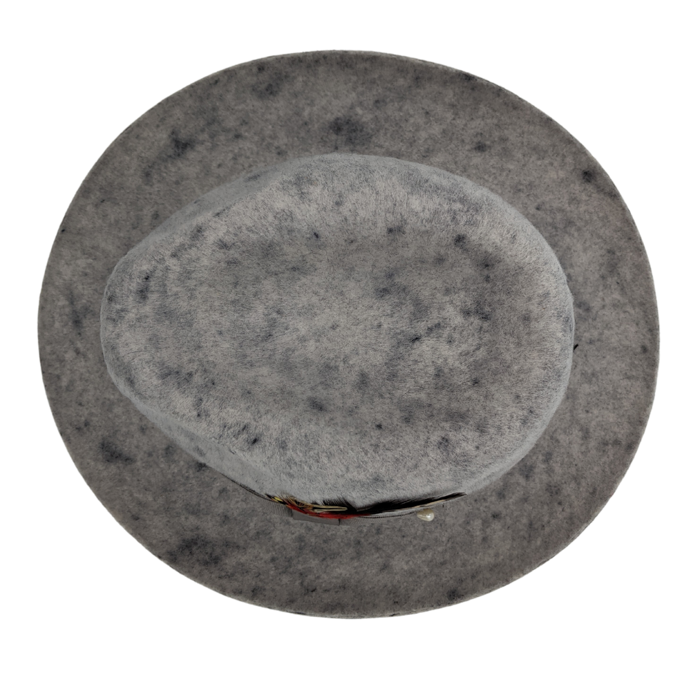 top view of heather grey fur felt pinch fedora hat