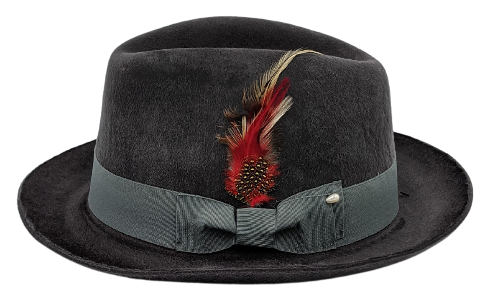 side view of silver fur felt pinch fedora hat