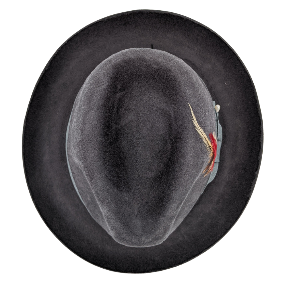 top view of heather silver fur felt pinch fedora hat