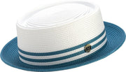 Teal Two Tone Straw Pork Pie Hat with Striped Band