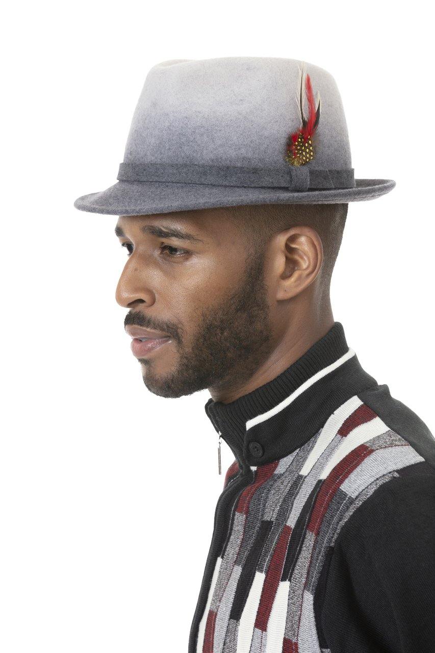 man wearing heather grey two tone teardrop wool felt hat