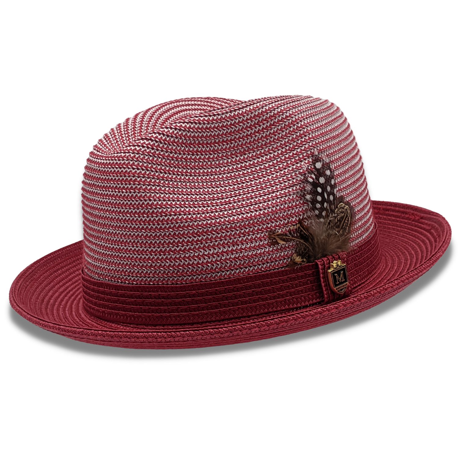 Men's Braided Two Tone Stingy Brim Pinch Fedora Hat in Cranberry