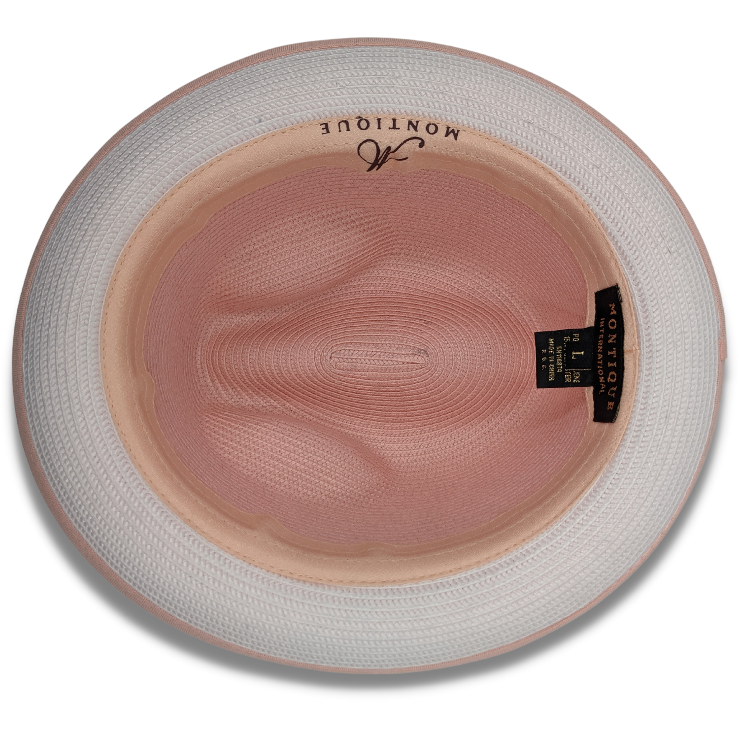 interior view of peach braided fedora hat with sweatband and inner lining detail