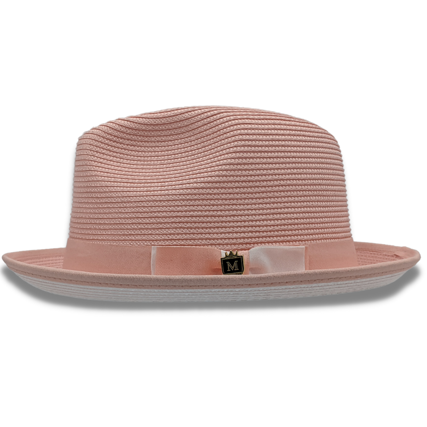 peach braided fedora hat with white ribbon band