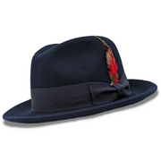 Navy Beaver Look Felt Fedora Hat 2 1/4 Brim Pinch Crown Feather Band