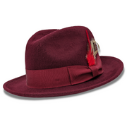 Burgundy Beaver Look Felt Fedora Hat 2 1/4 Brim Pinch Crown Feather Band