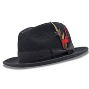 Black Beaver Look Felt Fedora Hat 2 1/4 Brim Pinch Crown Feather Band