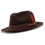 Brown Beaver Look Felt Fedora Hat 2 1/4 Brim Pinch Crown Feather Band