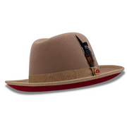 Tan Wool Felt Dress Hat 2 3/4 Brim Red Bottom Pinch Crown