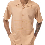 Montique Tan Walking Suit 2 Piece Horizontal Stripe Short Sleeve Set 2242
