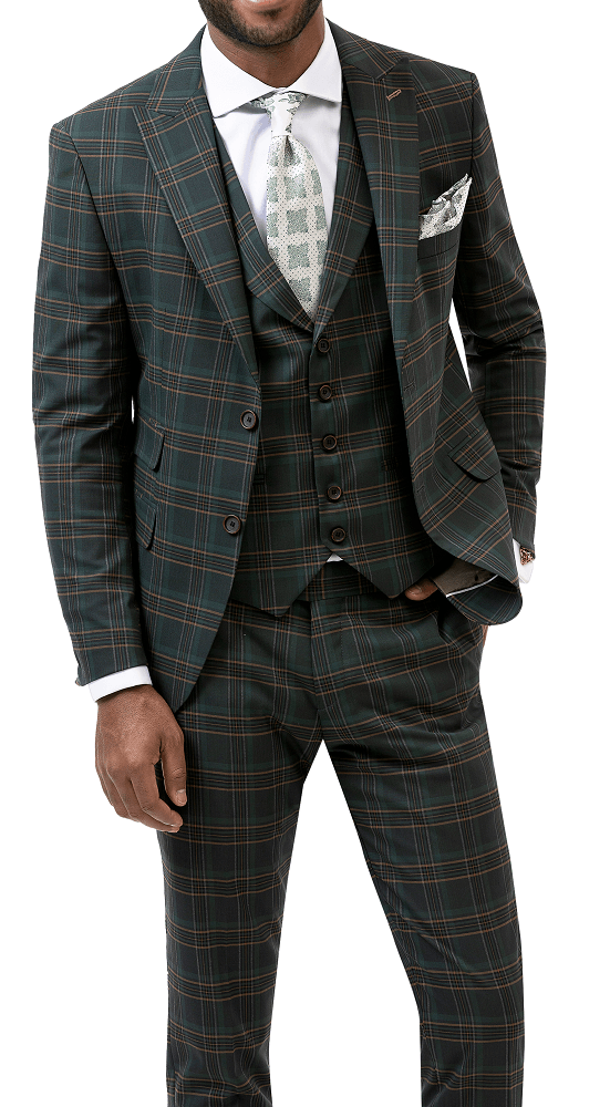 Hunter Plaid Three Piece Long Slim Fit Fashion Suit M2752 - Suits & More