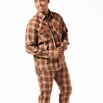 Tan Plaid 2 Piece Button Up Long Sleeve Set