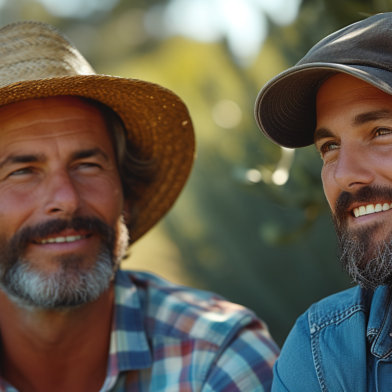 two man next to each other casually, smiling, one of them is wearing a straw hat and the other one is wearing a grey baseball cap.