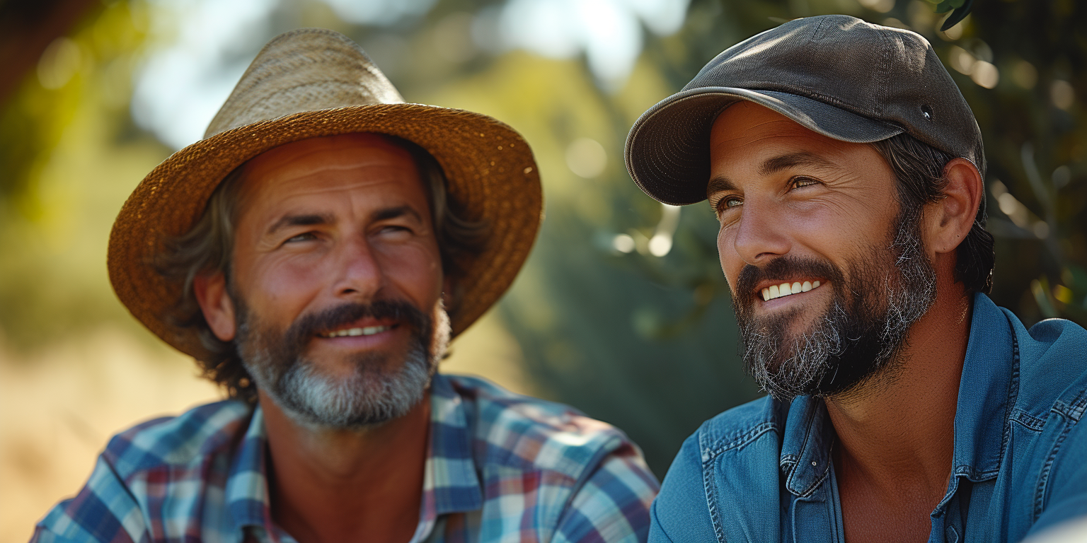 two man next to each other casually, smiling, one of them is wearing a straw hat and the other one is wearing a grey baseball cap.