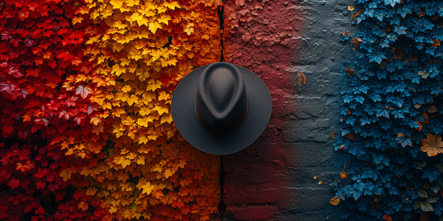 A black fedora hat hangs on a wall, with vibrant red and yellow foliage to the left and blue foliage to the right. The background features a textured, painted wall.