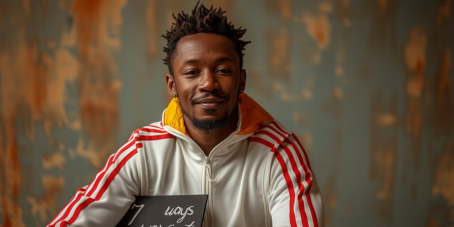 a man wearing a white tracksuit with red stripes. he is holding a sign that says "7 ways"