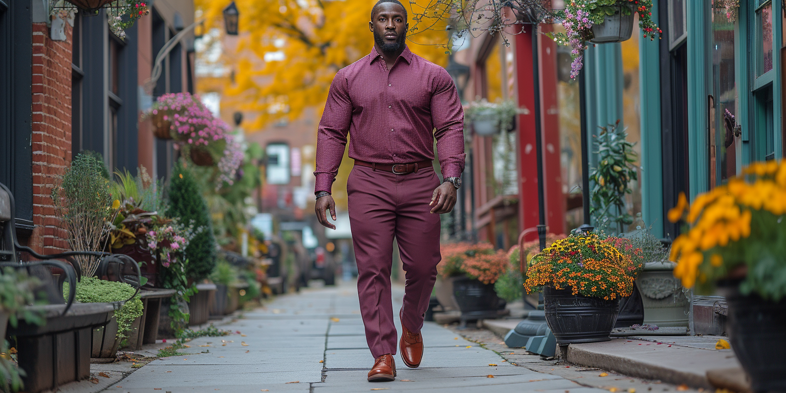 A big and tall man walking down a sidewalk wearing a burgundy long-sleeve walking suit.