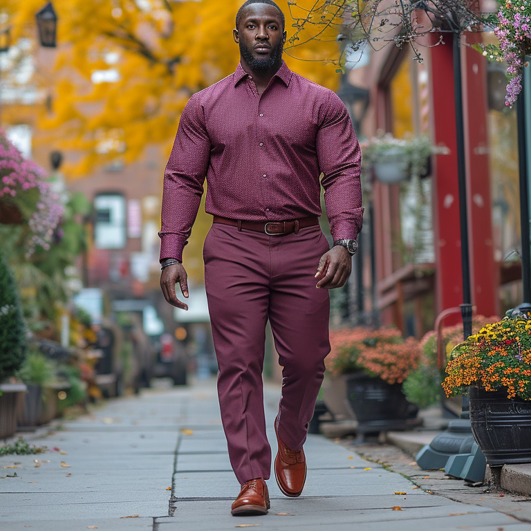 A big and tall man walking down a sidewalk wearing a burgundy long-sleeve walking suit.