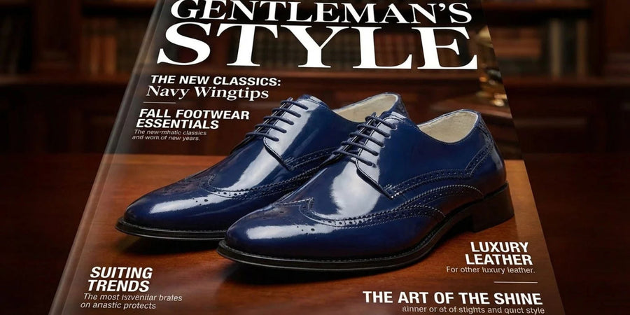 navy shoes as a pair on the cover of a magazine for men's fashion