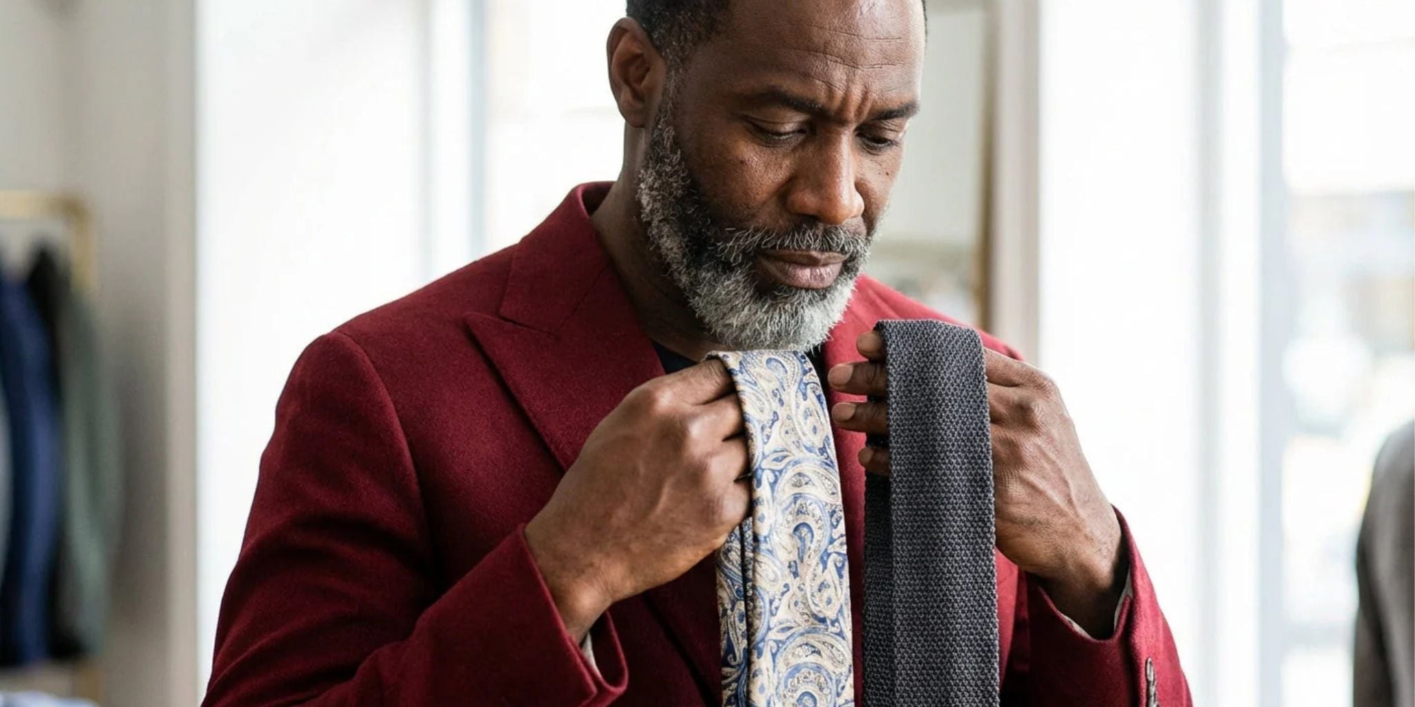 a black man looking at two different neckties, holding the neckties up to a red suit trying to match it