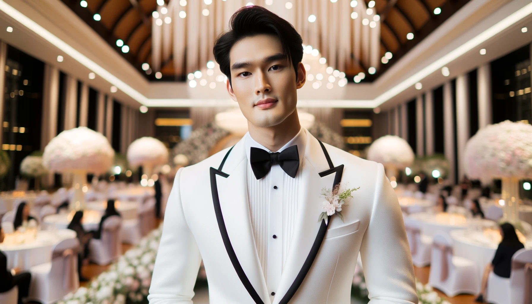 A man in a ballroom event wearing a white tuxedo with black trim.