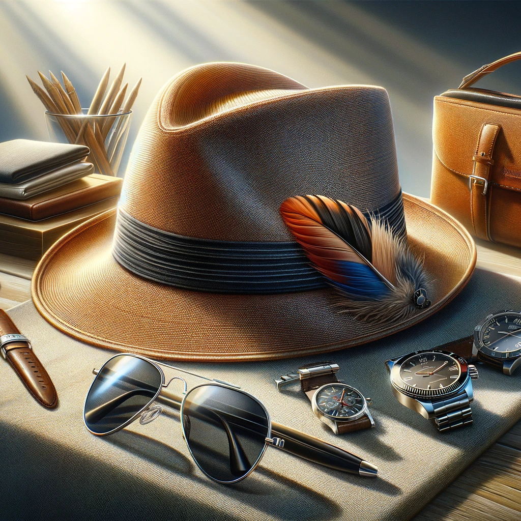 a fedora with a feather on top of a table surrounded by a variety of accessories.