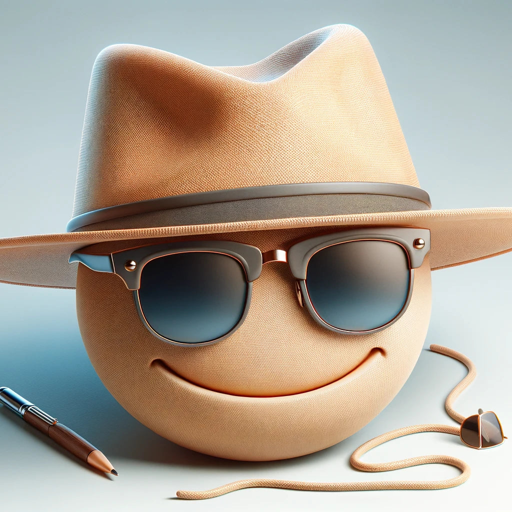 A smiling emoji face wears a fedora hat and sunglasses. A pen and a pair of headphones are placed nearby. The background is a simple light gradient.