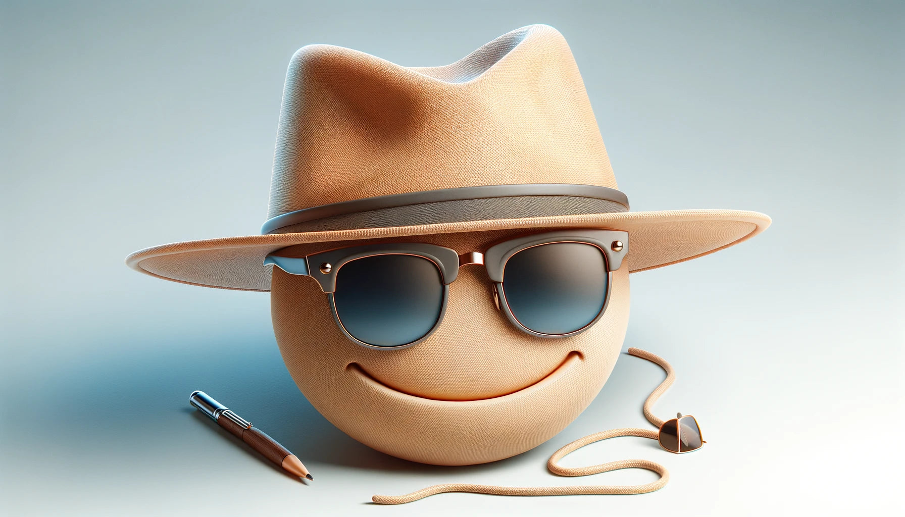 A smiling emoji face wears a fedora hat and sunglasses. A pen and a pair of headphones are placed nearby. The background is a simple light gradient.