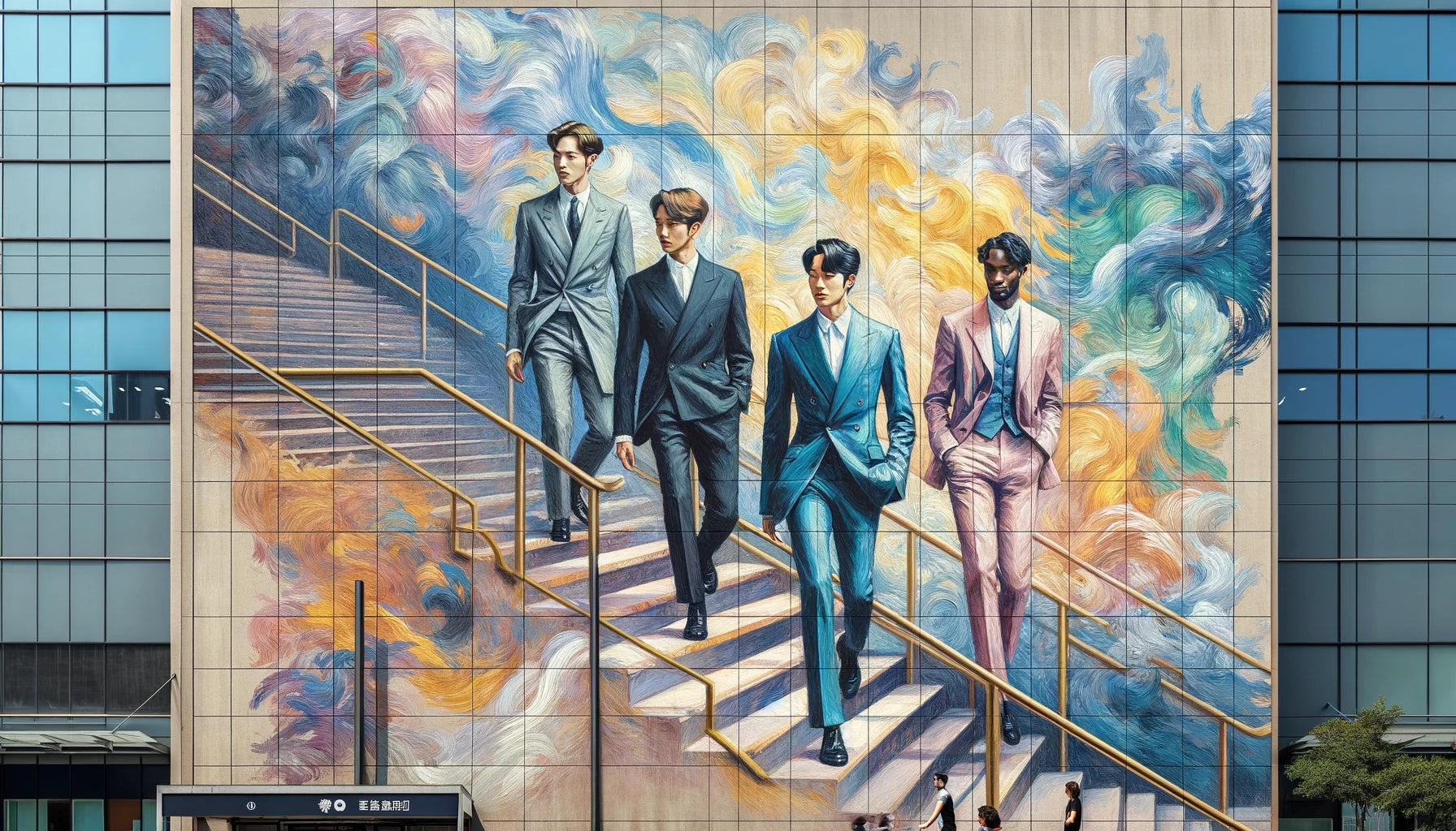 A large mural on the side of a building depicts four men in suits walking down a staircase. The background features colorful, swirling patterns. The building has reflective windows, and people can be seen walking at the bottom of the mural.