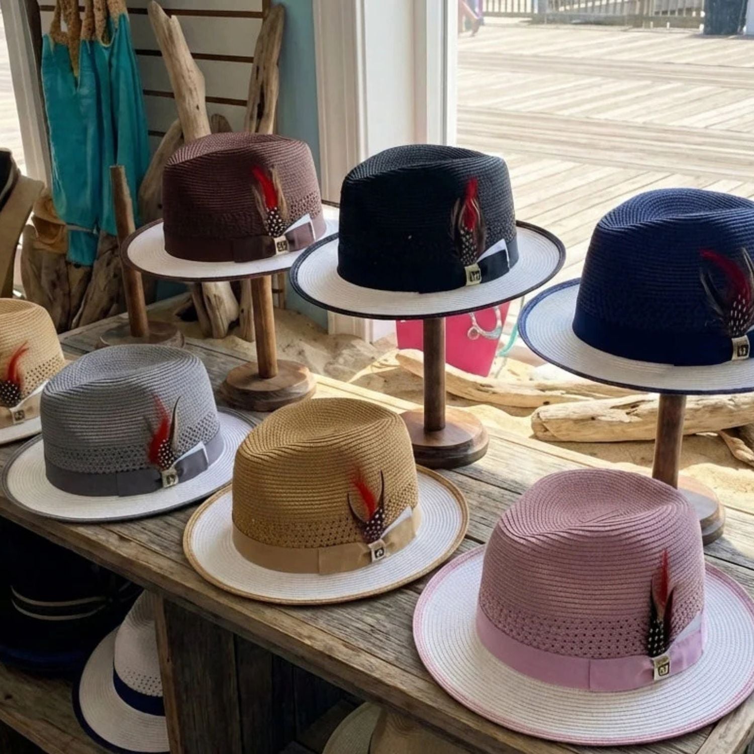summer hat collection in boardwalk store
