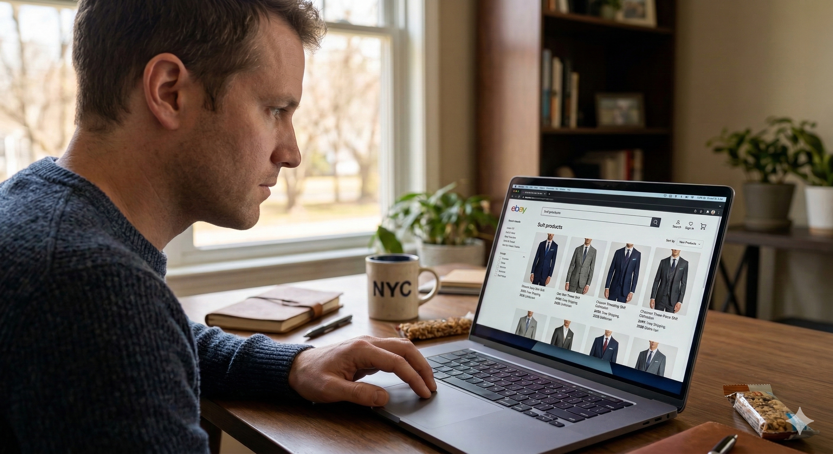 a man on his computer searching for suit products