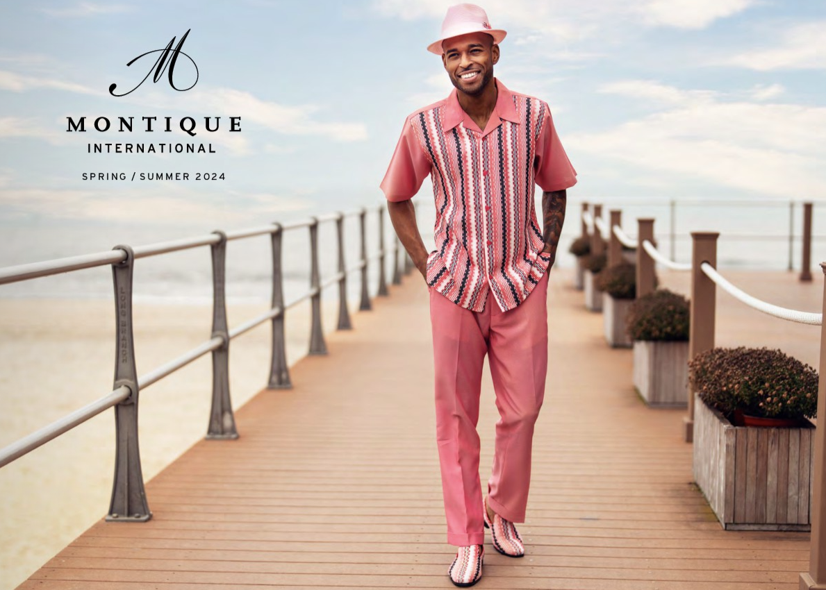 montique's short sleeve walking suit in pink with grey, black and white stripes on the shirt.