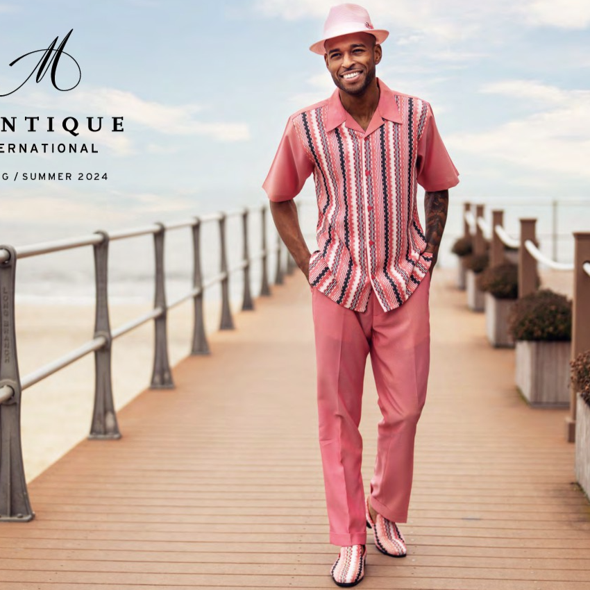 montique's short sleeve walking suit in pink with grey, black and white stripes on the shirt.