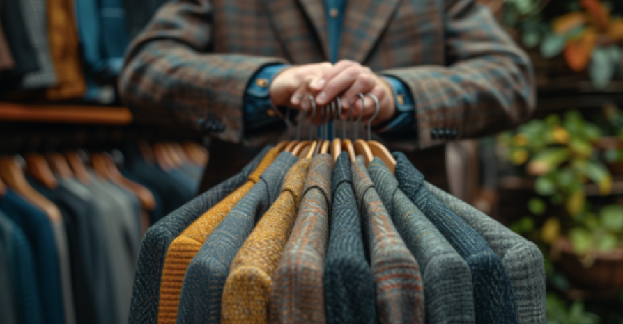 a man holding a variety of blazers