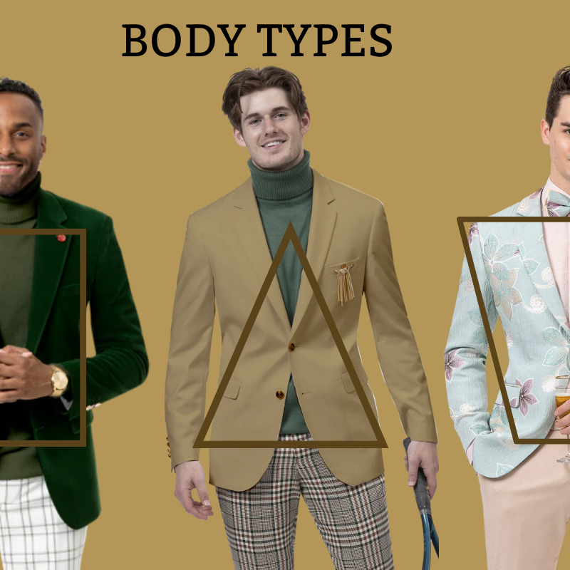 Five men are shown wearing different outfits, each with a geometric shape over their bodies to represent different body types. The background is a solid tan color with the title 'Body Types' at the top.