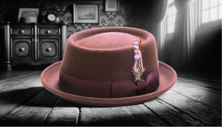 A brown pork pie hat with a purple feather decoration rests on a wooden floor in a dimly lit room with vintage furniture and framed pictures on the wall. The background appears in grayscale, contrasting with the hat's color.