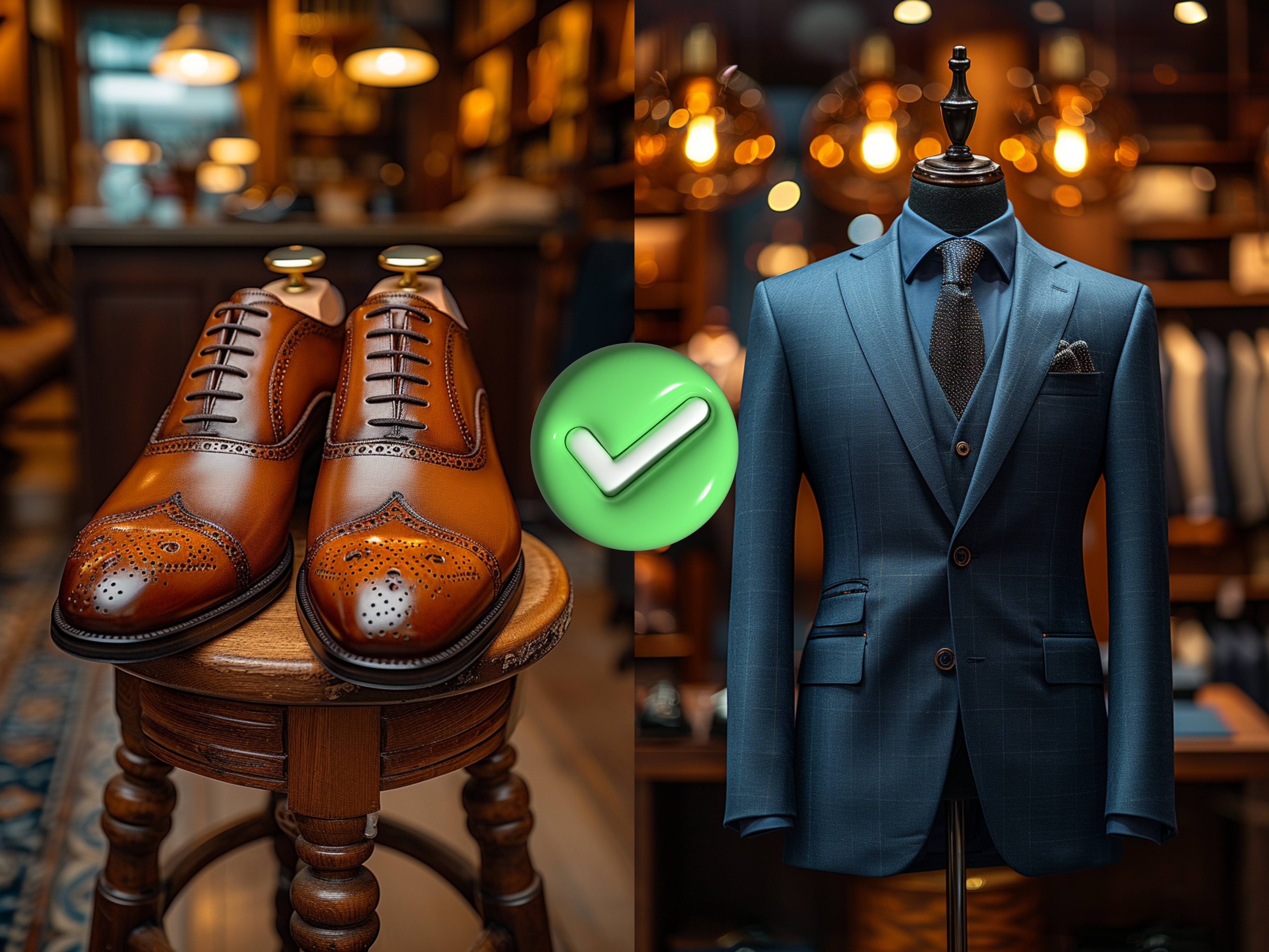 A pair of polished brown dress shoes sits on a wooden stool next to a mannequin dressed in a blue suit. A green checkmark is displayed between them. The background is a warmly lit clothing store.