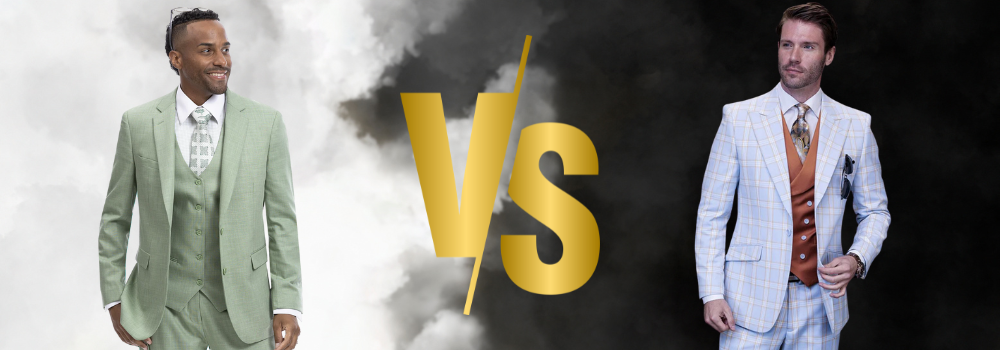 An image shows two men in stylish suits with a large 'VS' in the center. The man on the left wears a light green suit, while the man on the right wears a light blue checkered suit with an orange vest. The background is divided into white and black smoke.