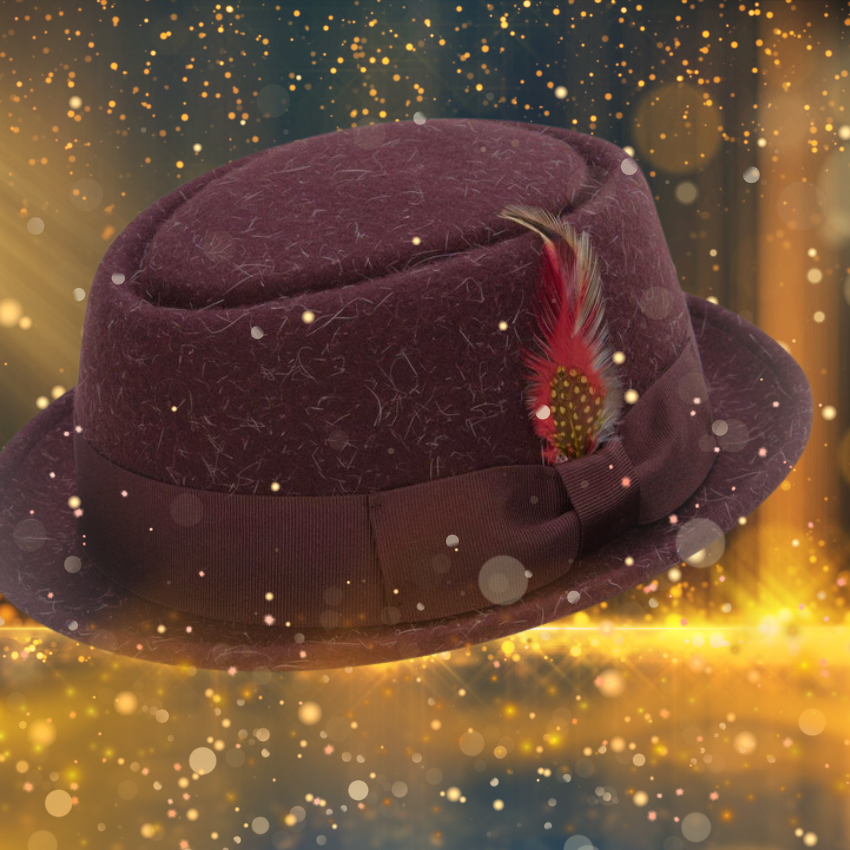 A burgundy pork pie hat with a feather decoration is displayed against a sparkling background with golden lights. The scene has a festive, magical atmosphere with bokeh effects and bright highlights