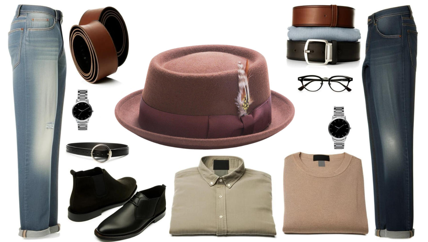 A collection of men's clothing and accessories is displayed. Items include two pairs of jeans, a brown pork pie hat, belts, a pair of black shoes, a pair of brown boots, two watches, a pair of glasses, a beige button-up shirt, and a beige sweater.