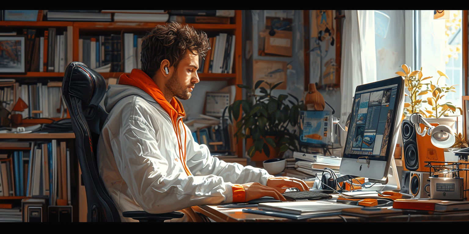 A man wearing a white and orange tracksuit sits at a desk in a busy home office, working on a computer. He has earphones in and is surrounded by books, plants, and office equipment. 