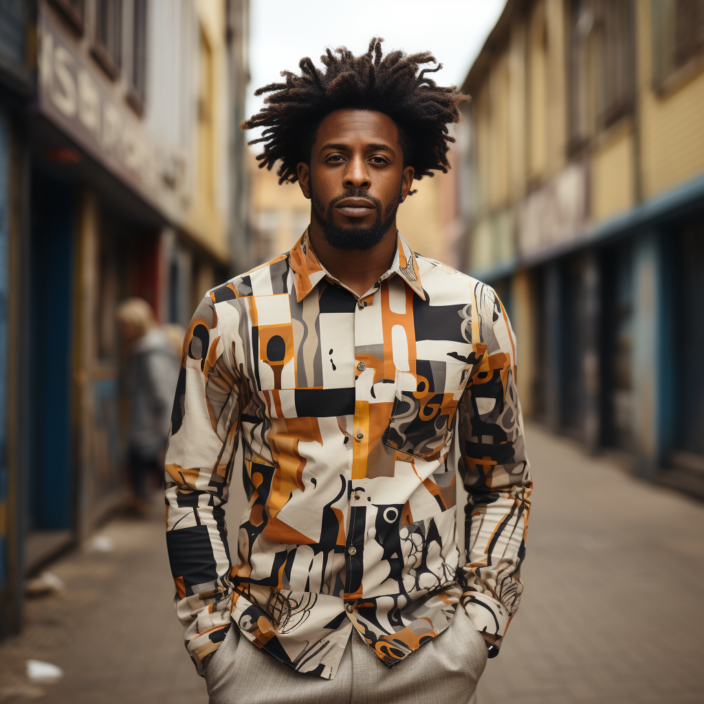 A man with a serious expression stands in an urban street. He is wearing a uniquely patterned walking suit with the shirt in shades of brown, beige, and black.