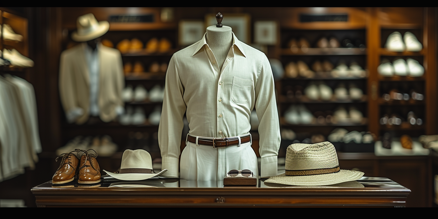 Mannequin dressed in a white walking suit with a brown belt. The display includes brown shoes, a white fedora, a straw hat, and sunglasses on a table in a high-end clothing store. Background shelves showcase various shoes and attire.