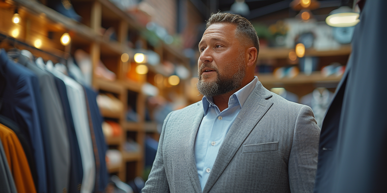 a big and tall men in a clothes shop looking at some suits.