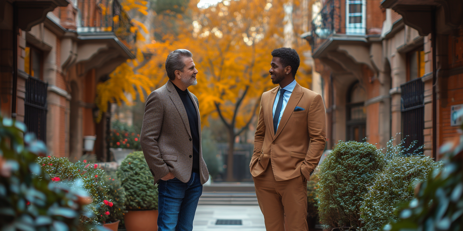 two men in the street facing each other. one of them is wearing a brown blazer with black shirt and jeans. The other one is wearing a tan suit.